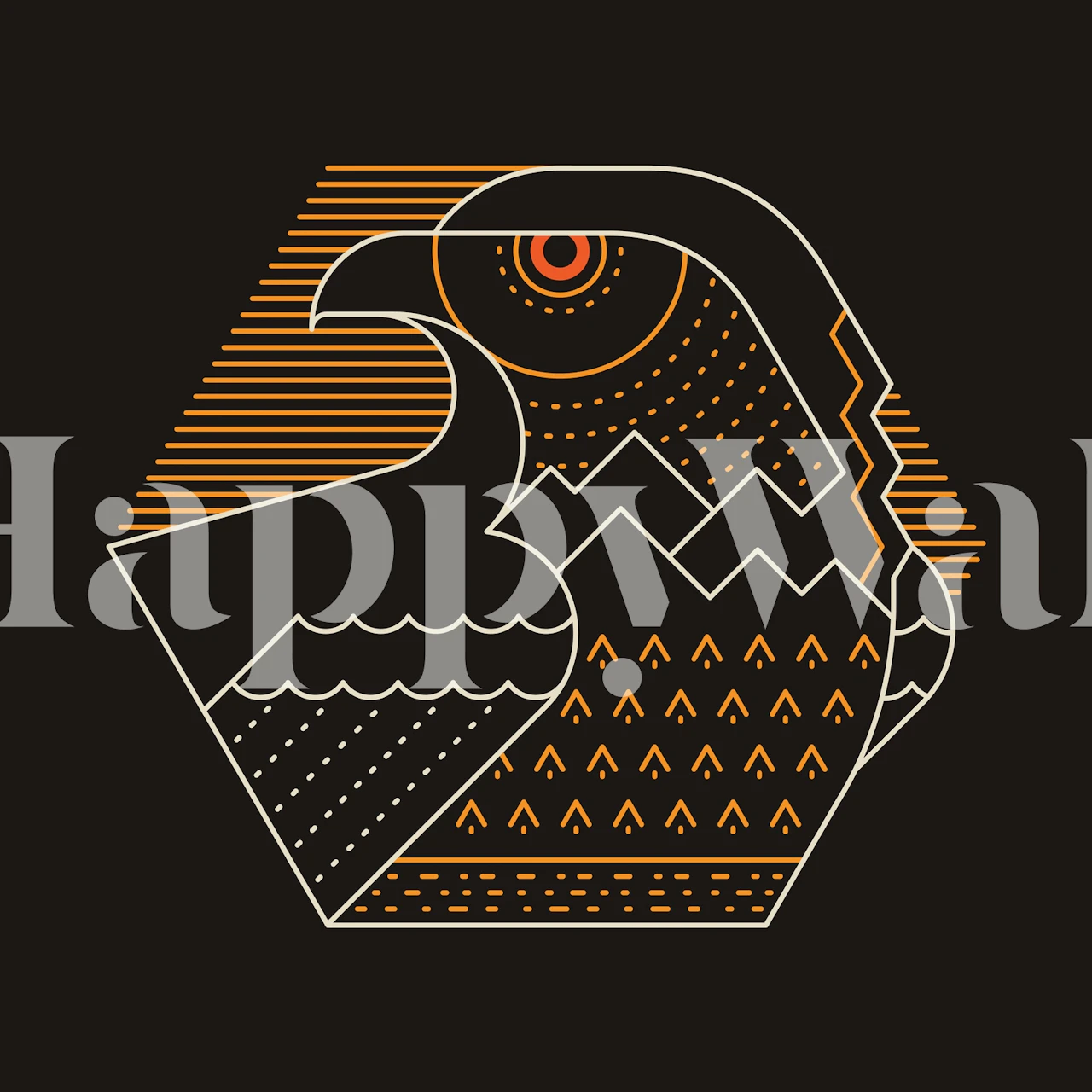 Eagle graphic with geometric patterns in orange and white on black background wallpaper