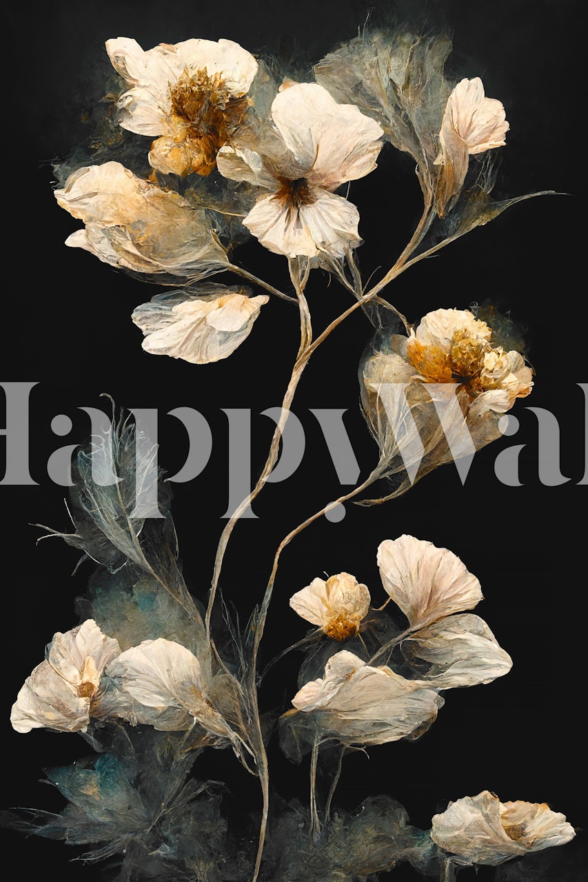 Delicate beige flowers and leaves on black background wallpaper