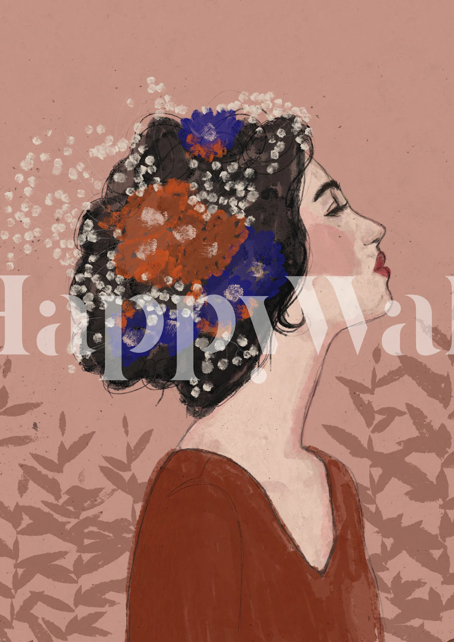 Fotomural de una mujer con flores de verano en el pelo sobre un fondo cálido