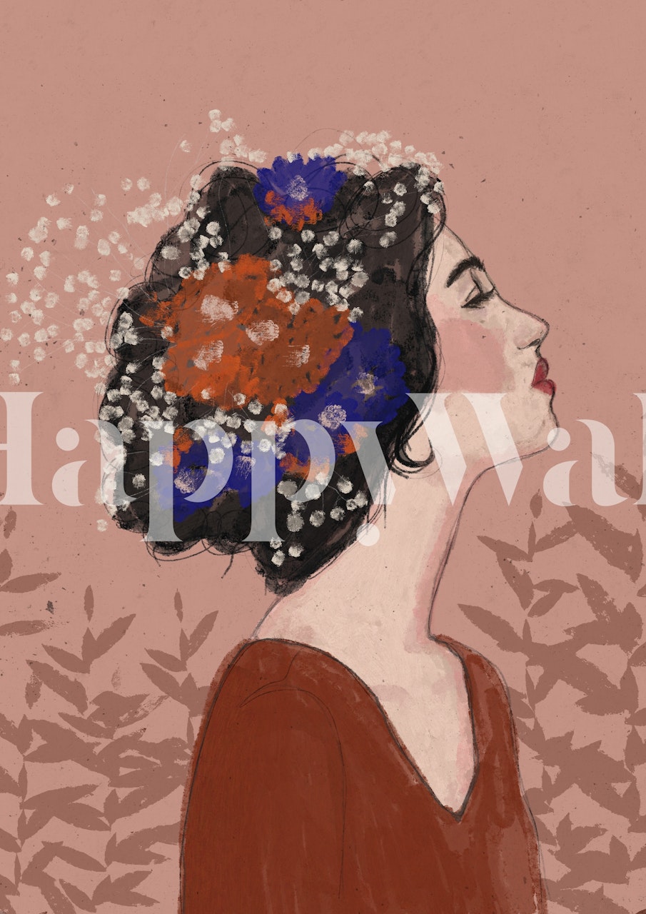 Fotomural de una mujer con flores de verano en el pelo sobre un fondo cálido