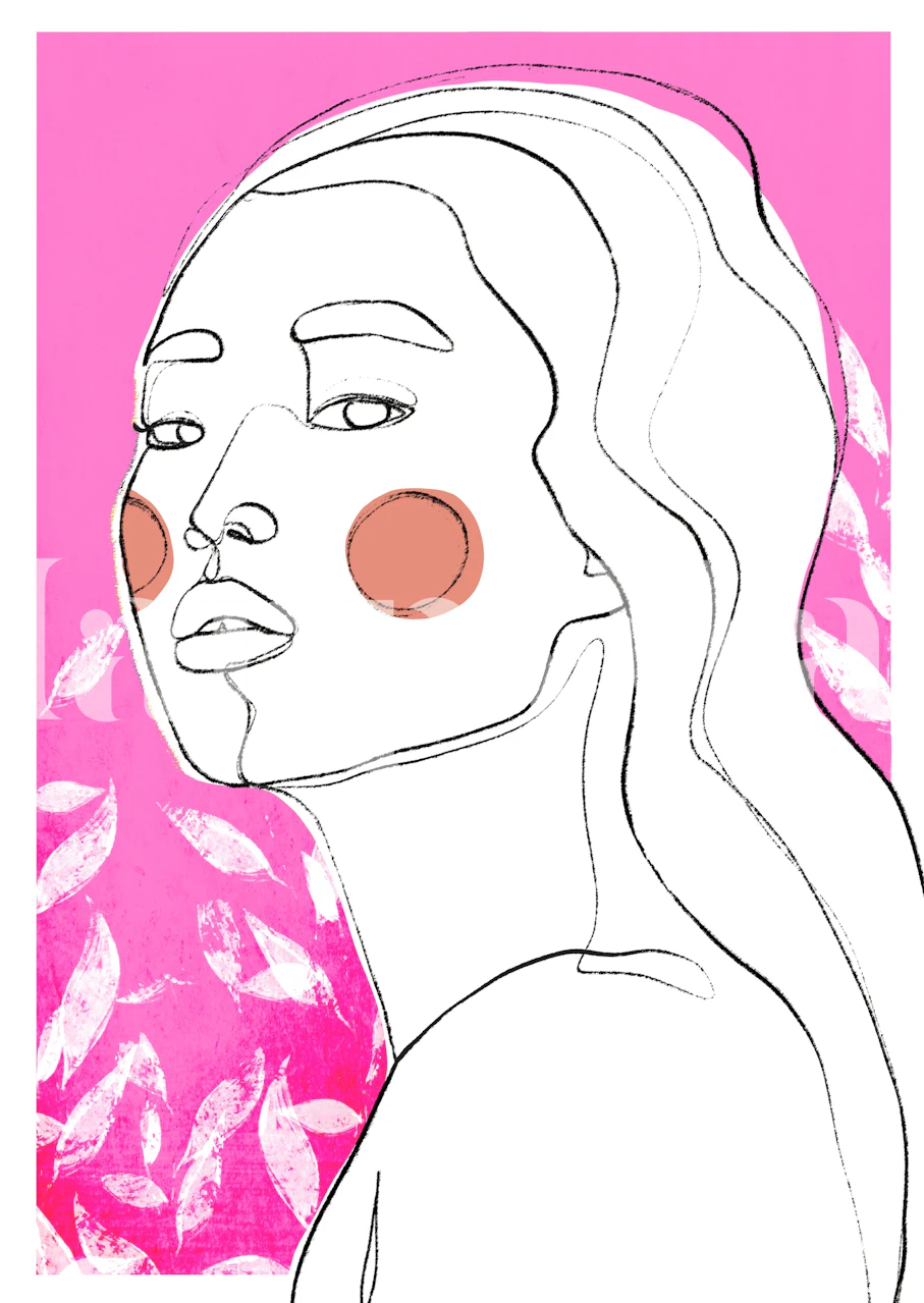 Fotomural arte lineal femenino contemplativo sobre fondo rosa con follaje