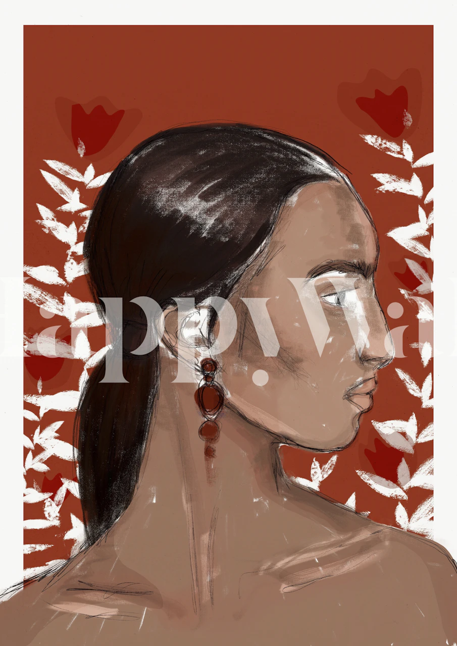 Profile of a woman with brown skin against a red floral background wallpaper