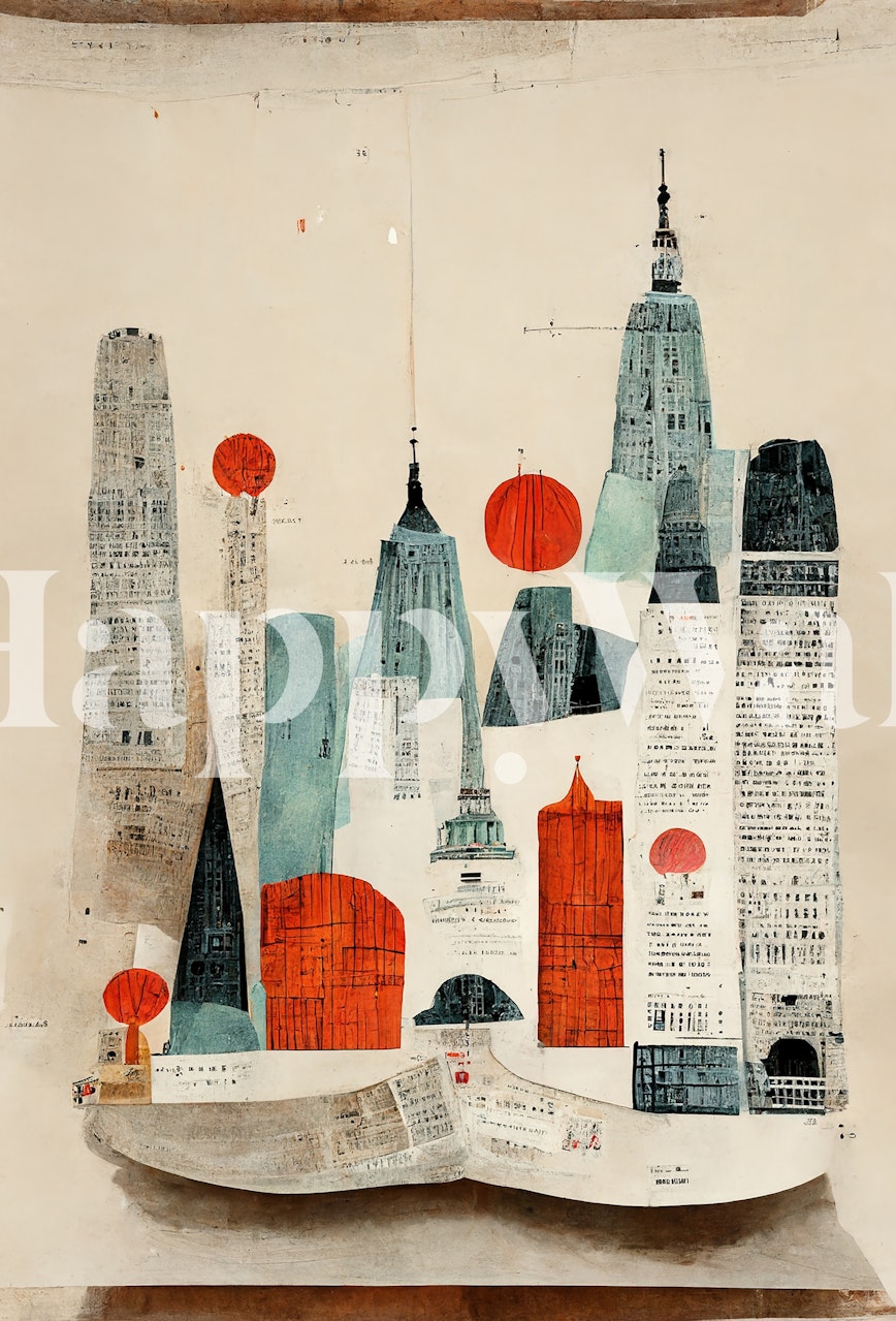 Geometric cityscape design in blue, red, and beige wallpaper