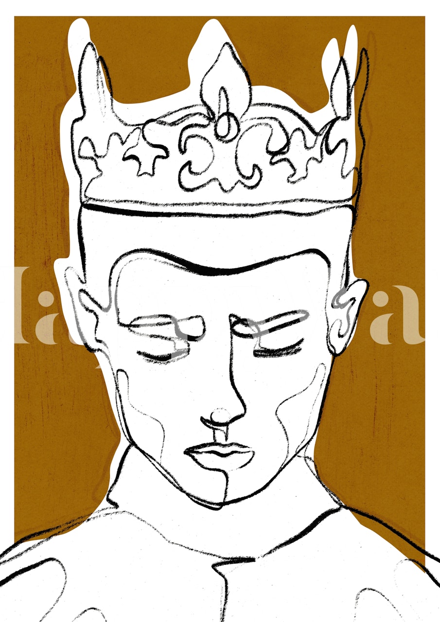 Illustrative royal figure with a crown on a warm orange background wallpaper