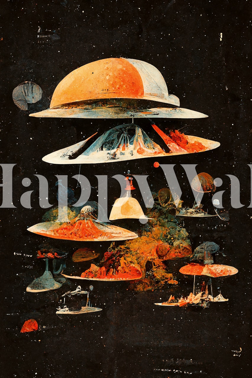 Colorful flying saucers and UFO designs on a dark background wallpaper