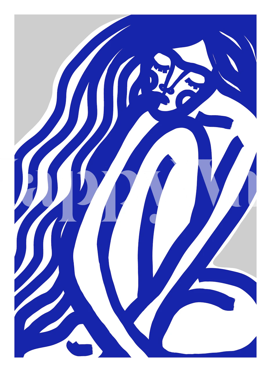 Mural abstracto en azul y blanco con figuras minimalistas