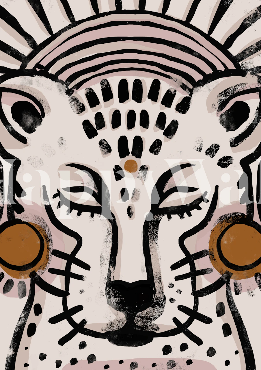 Tiger face illustration in pink and brown colors, modern wallpaper