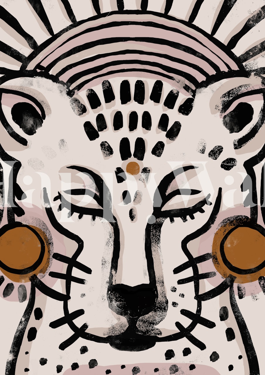 Tiger face illustration in pink and brown colors, modern wallpaper