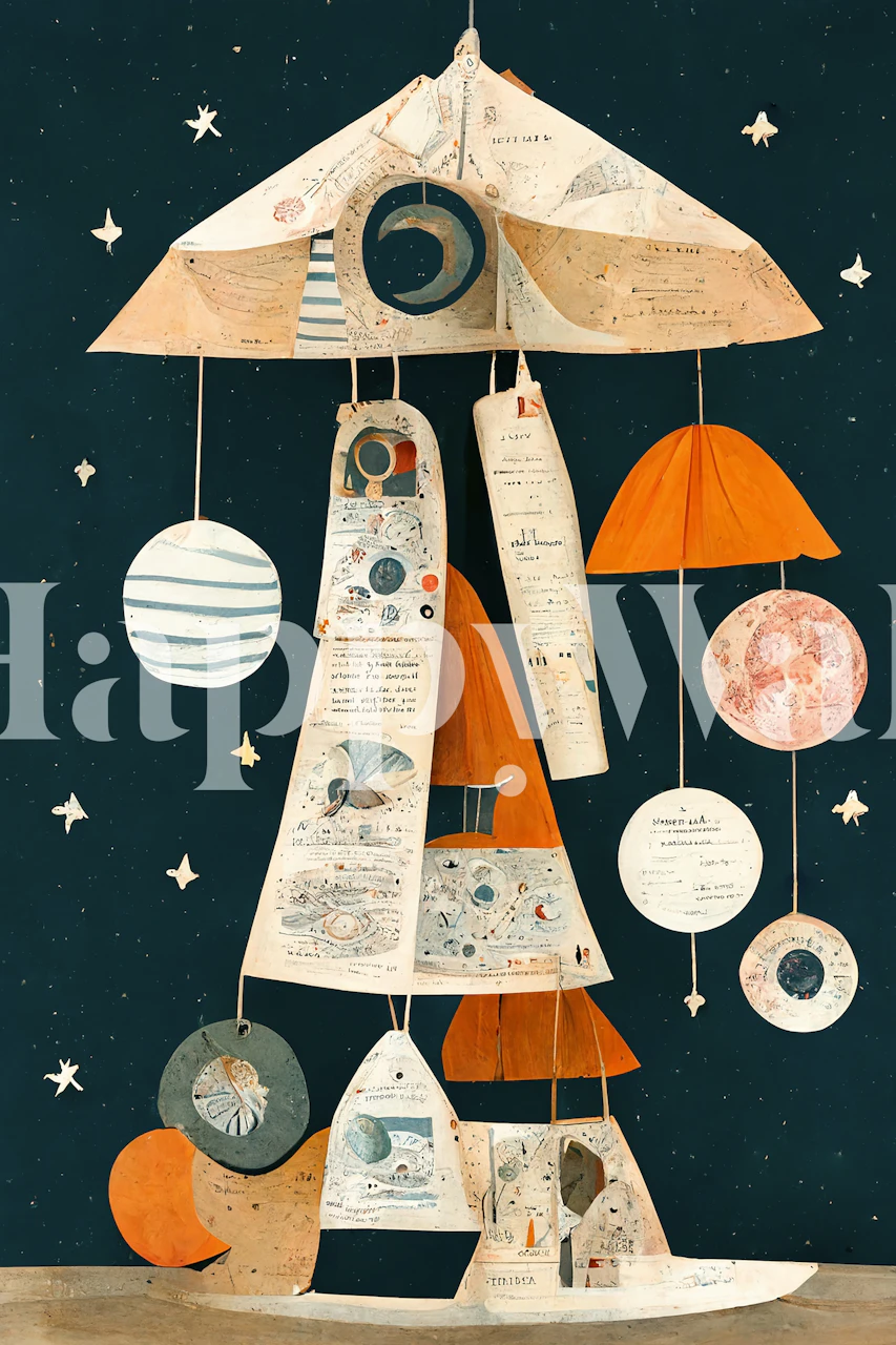 Colorful UFO mobile design with planets, stars, and moons wallpaper