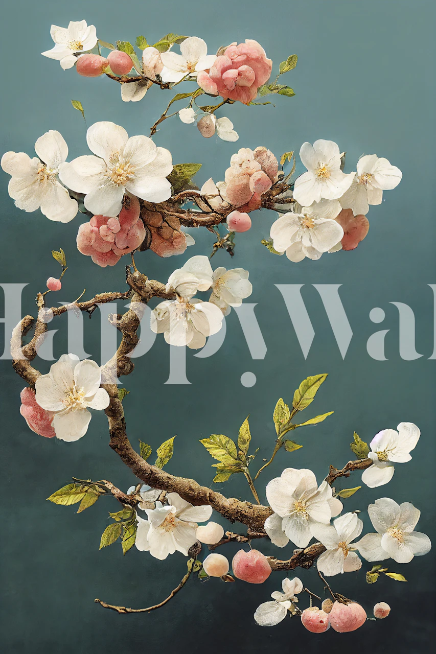 Mural de parede elegante com flores de cerejeira brancas com toques de rosa em um fundo tranquilo