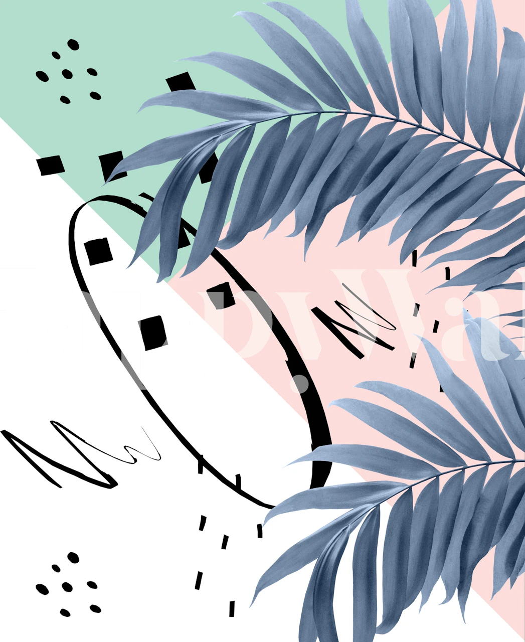 Stylized abstract wall mural with blue palm leaves on a pastel background embodying California vibes