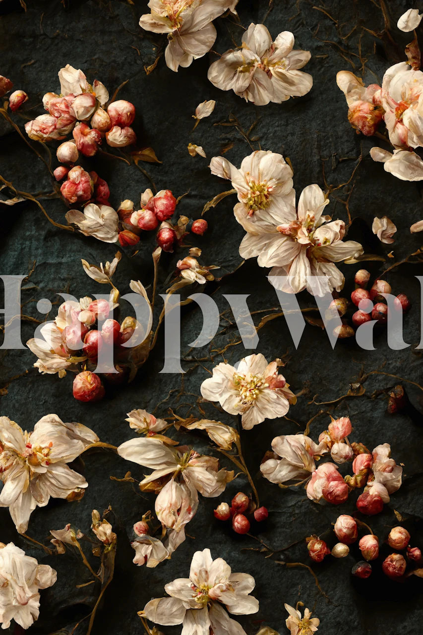 Mural de parede Trail Roses com flores desabrochando em um fundo escuro