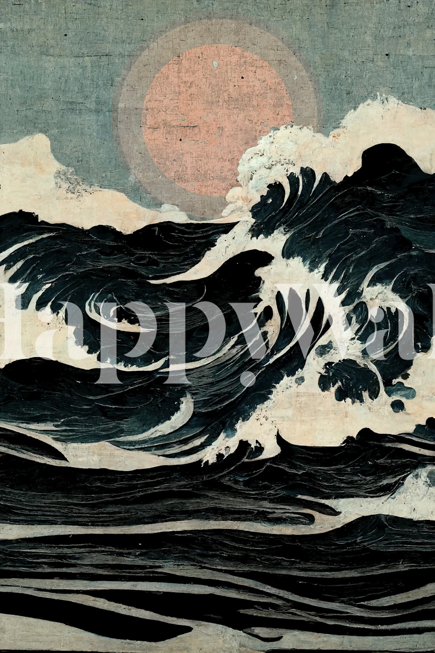 Ocean wave patterns in dark blue and cream tones wallpaper