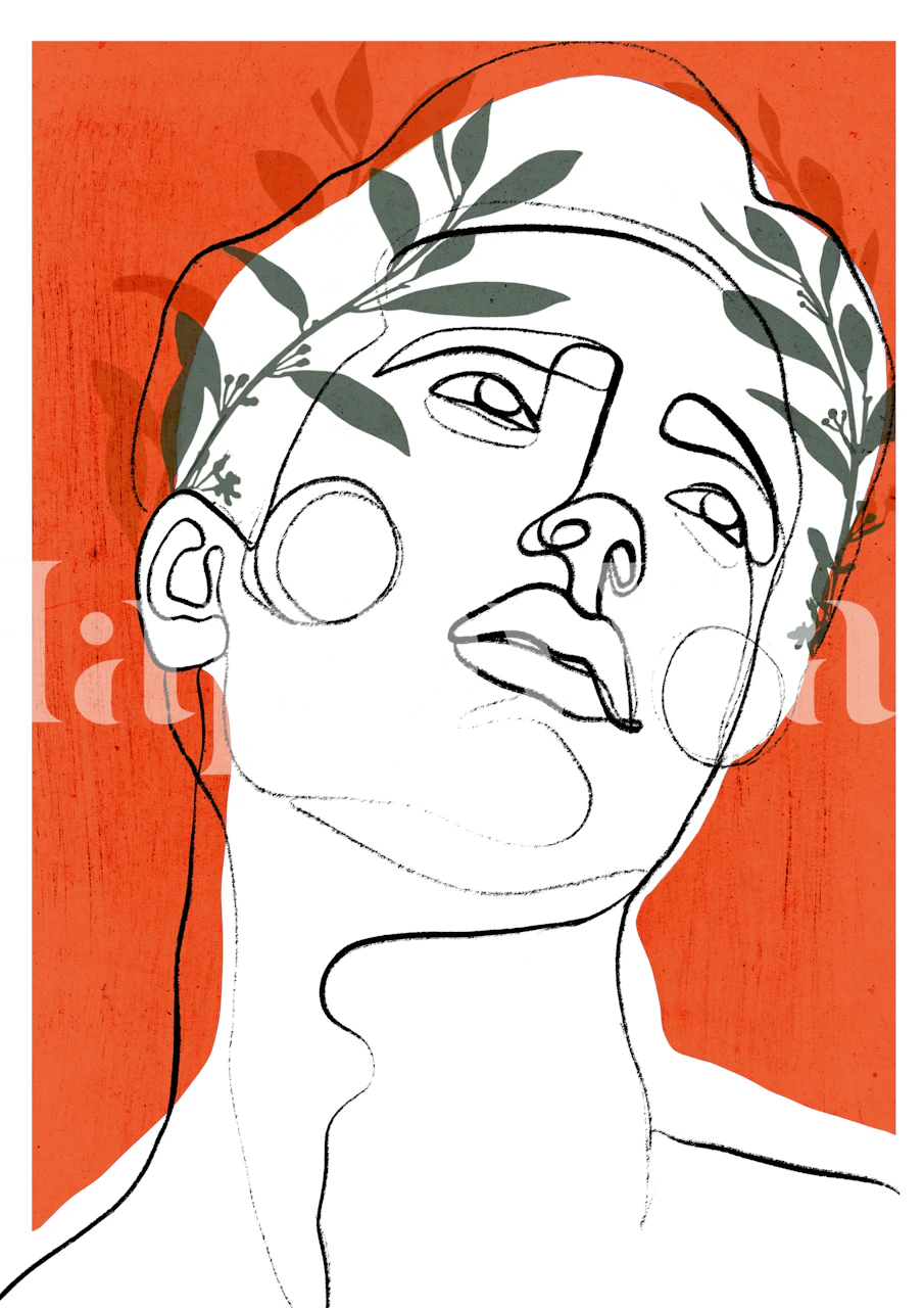Modern line art of a person's face with floral elements on orange wallpaper