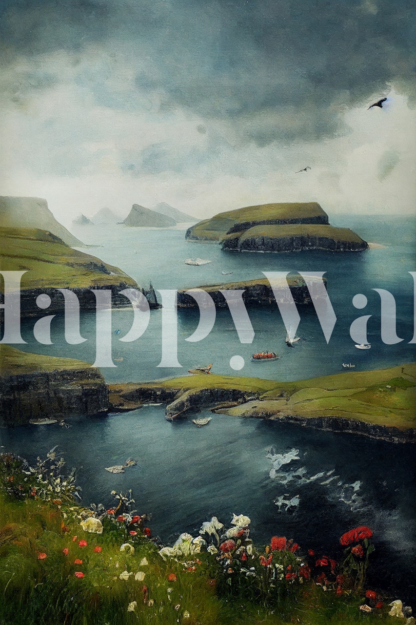 Tropical island landscape with blue ocean and green hills wallpaper