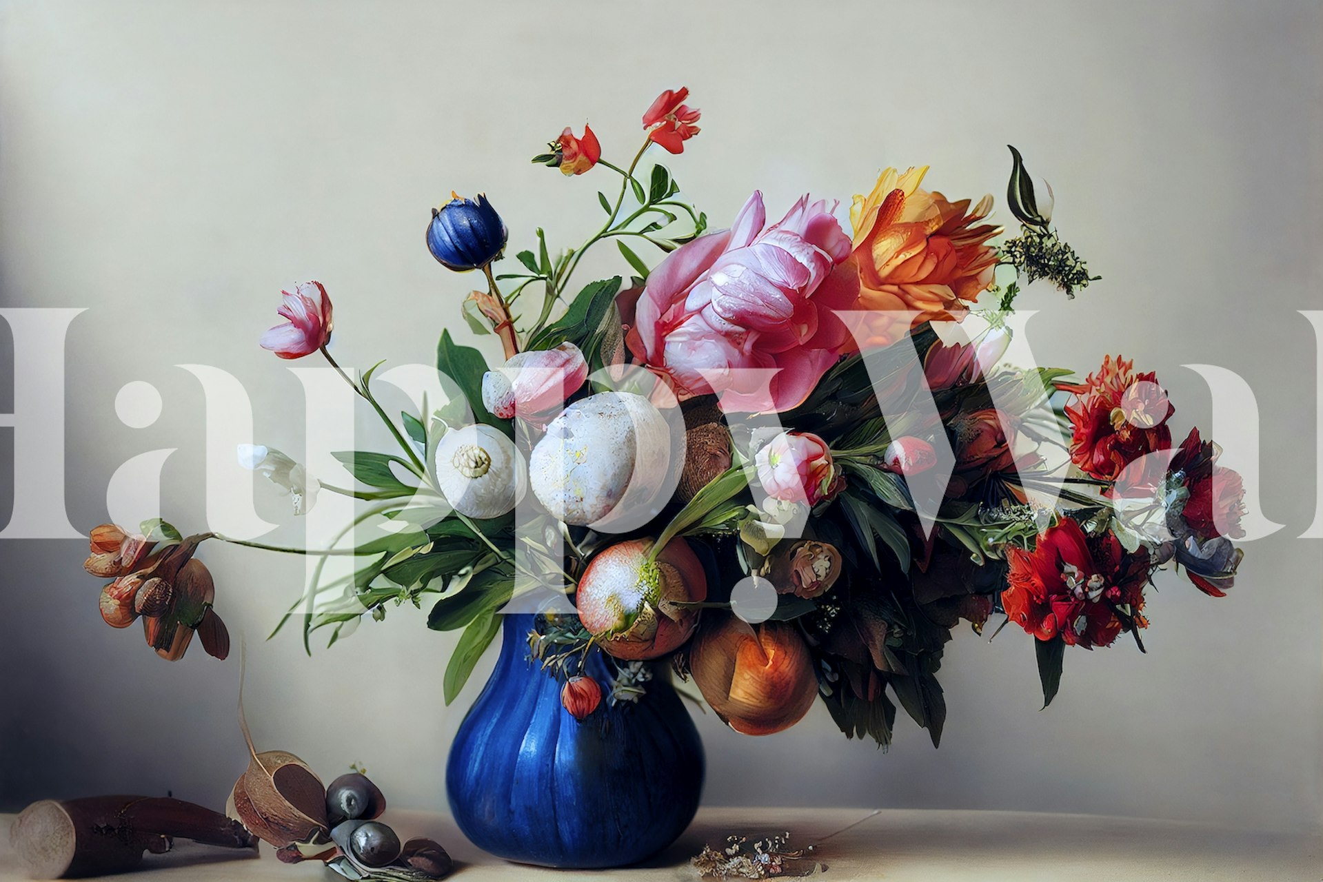 En farverig buket blomster i en blå vase vægmaleri