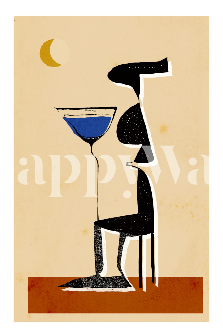 Le Monsieur abstract figure wall mural with warm tones, blue accent, and crescent moon.