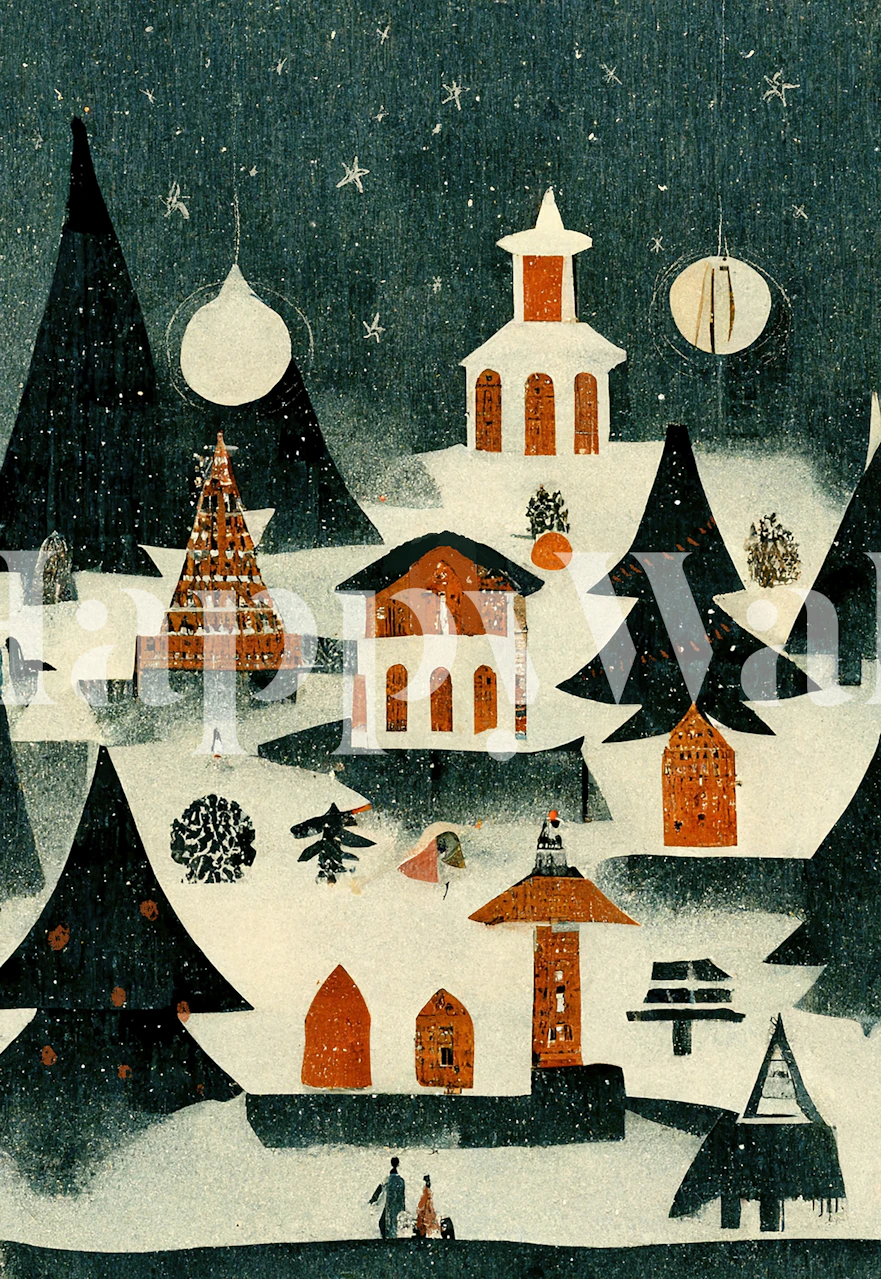 Vintage Christmas village scene with buildings, trees, and snow wallpaper