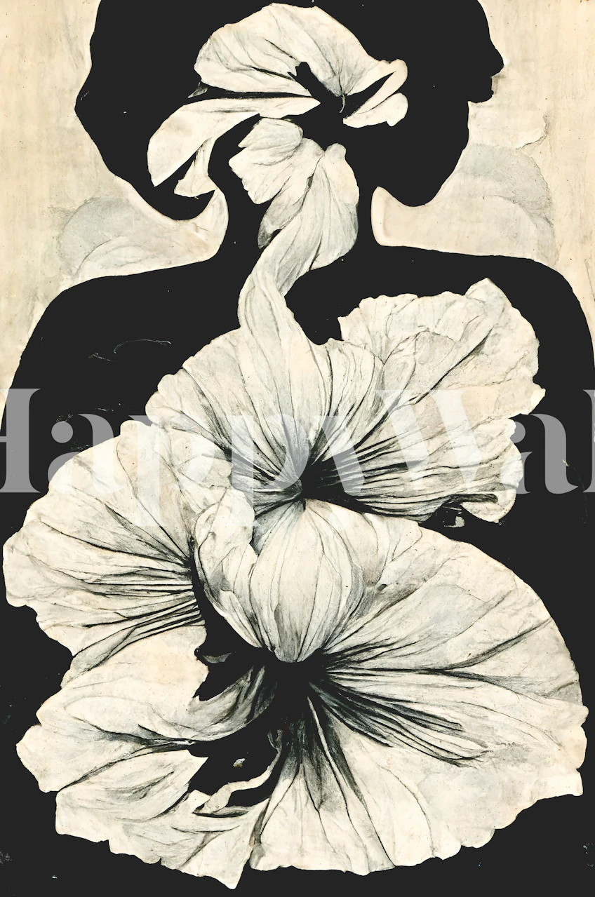 Black and white floral design wallpaper, featuring blossoms and flowing lines style