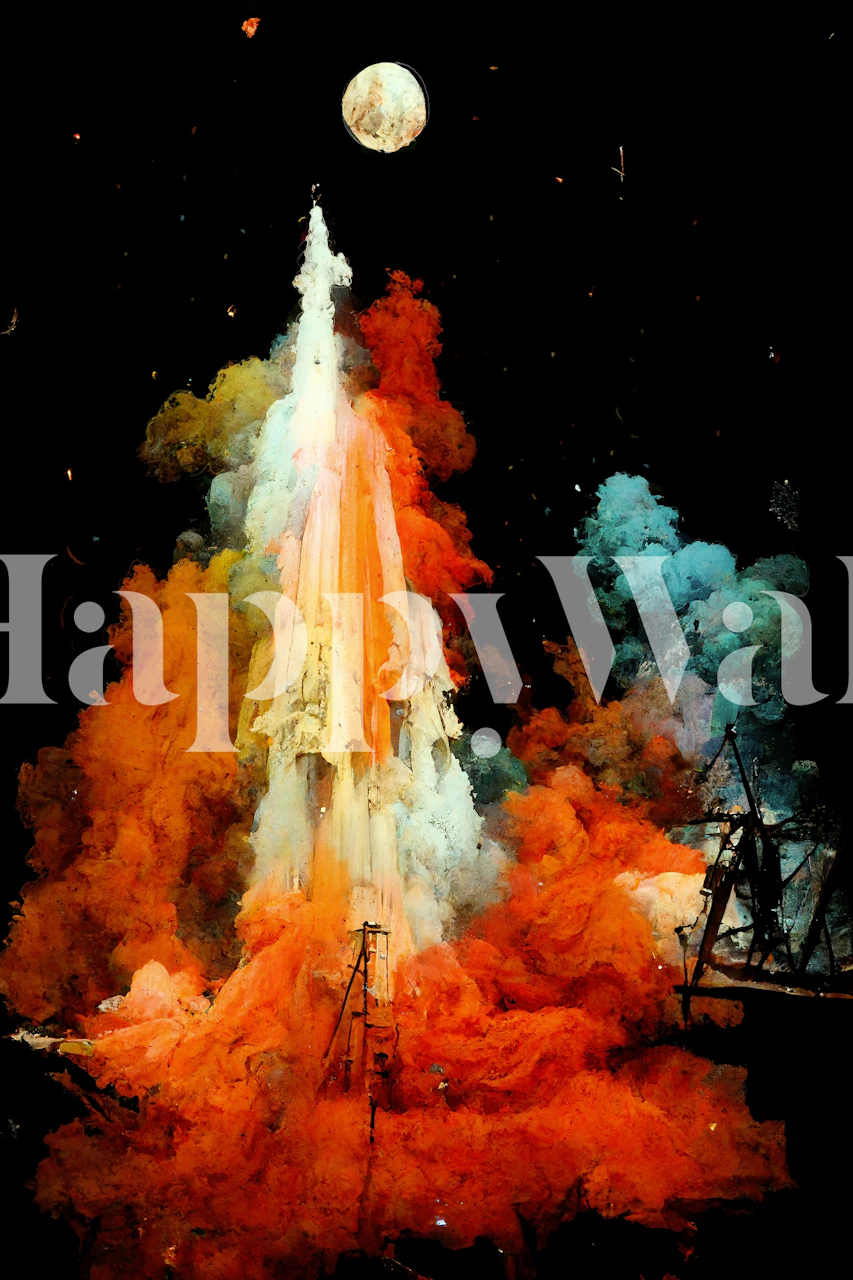 Space rocket launch wall mural with colorful smoke trails and moon in background