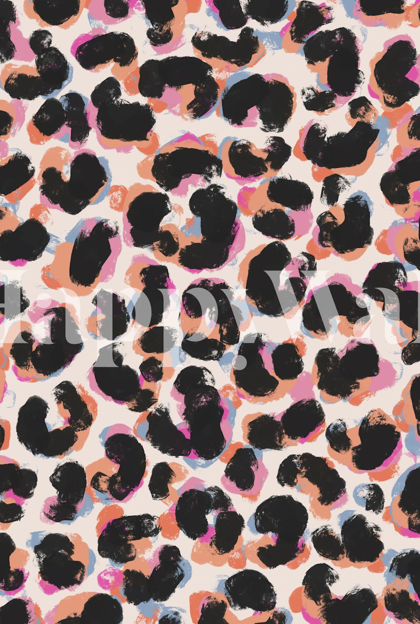 Mural de parede abstrato com estampa de leopardo e padrões preto, branco e rosa pêssego