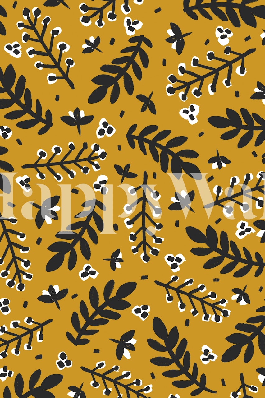 Yellow floral and branches pattern wallpaper
