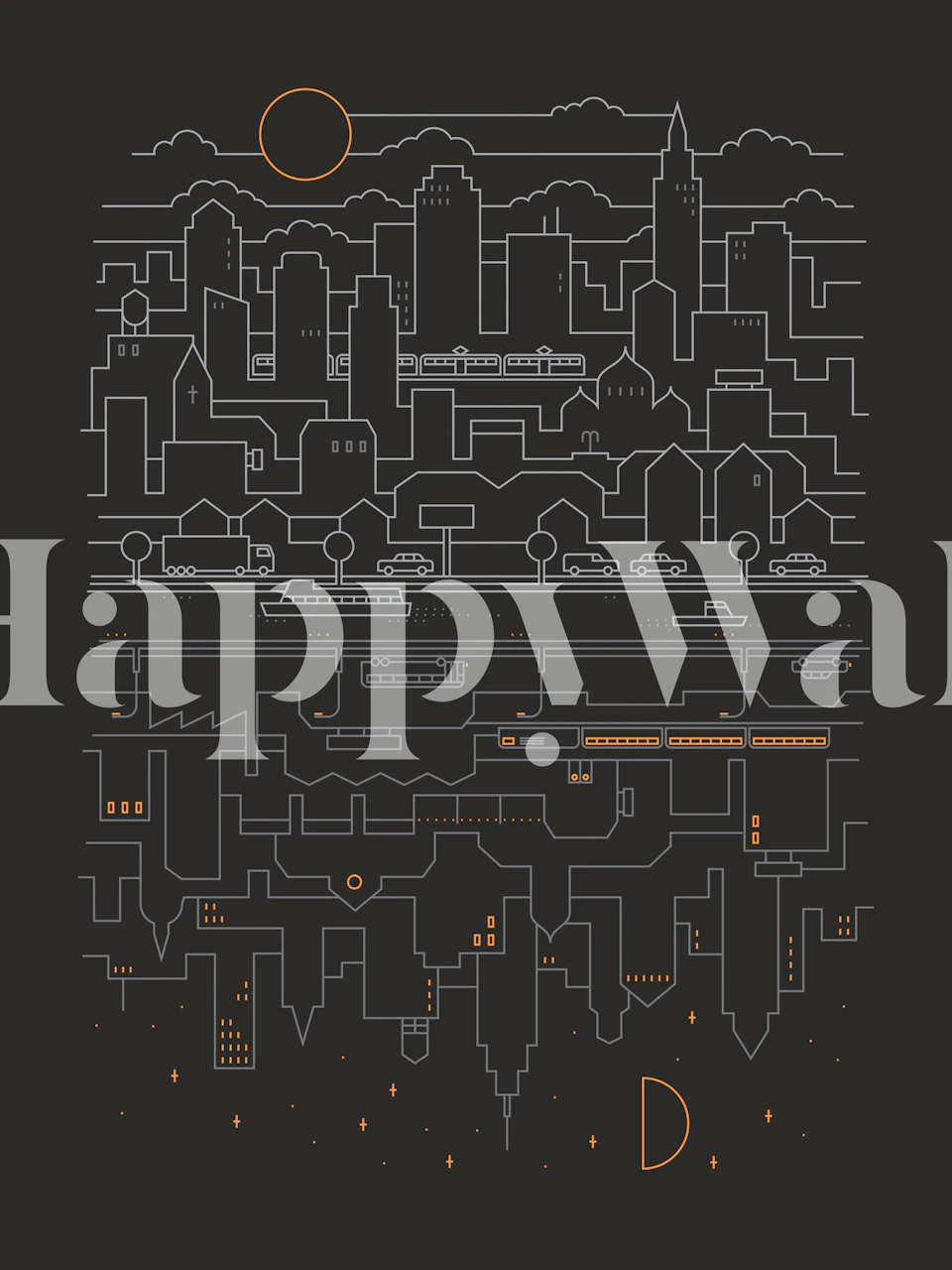 Stylized cityscape wallpaper in a room