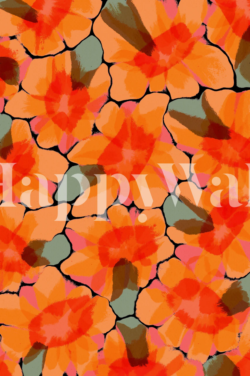 Fotomural floral naranja con grandes flores sobre un fondo cálido