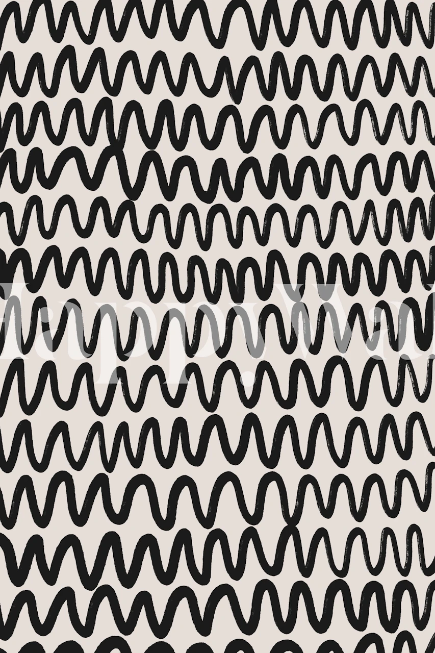 Papier peint mural abstrait à motif de fines vagues noires sur fond blanc