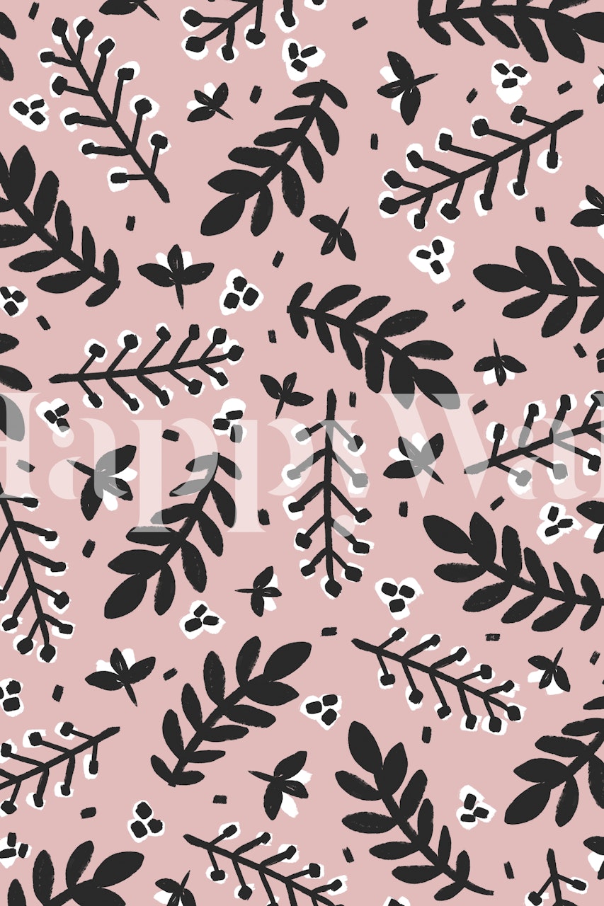 Pink wallpaper with black branches and white berries in a floral pattern
