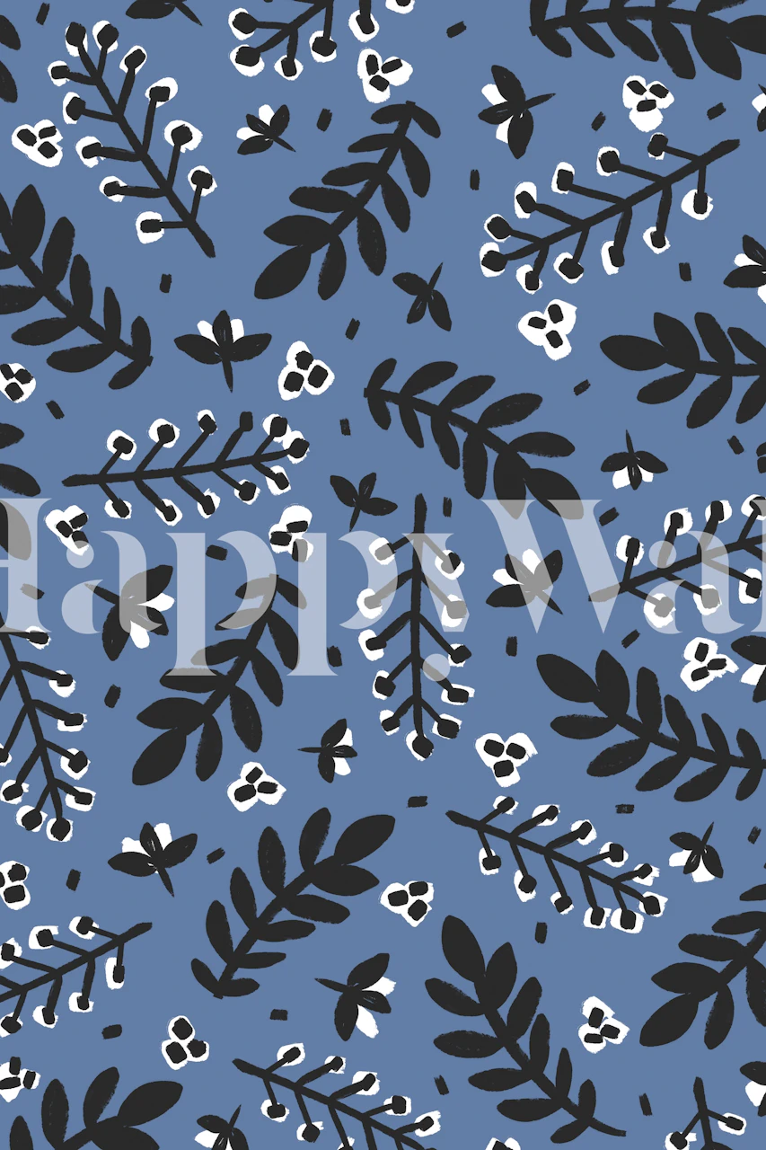 Plavi zidni mural s crno-bijelim uzorkom grana i bobica