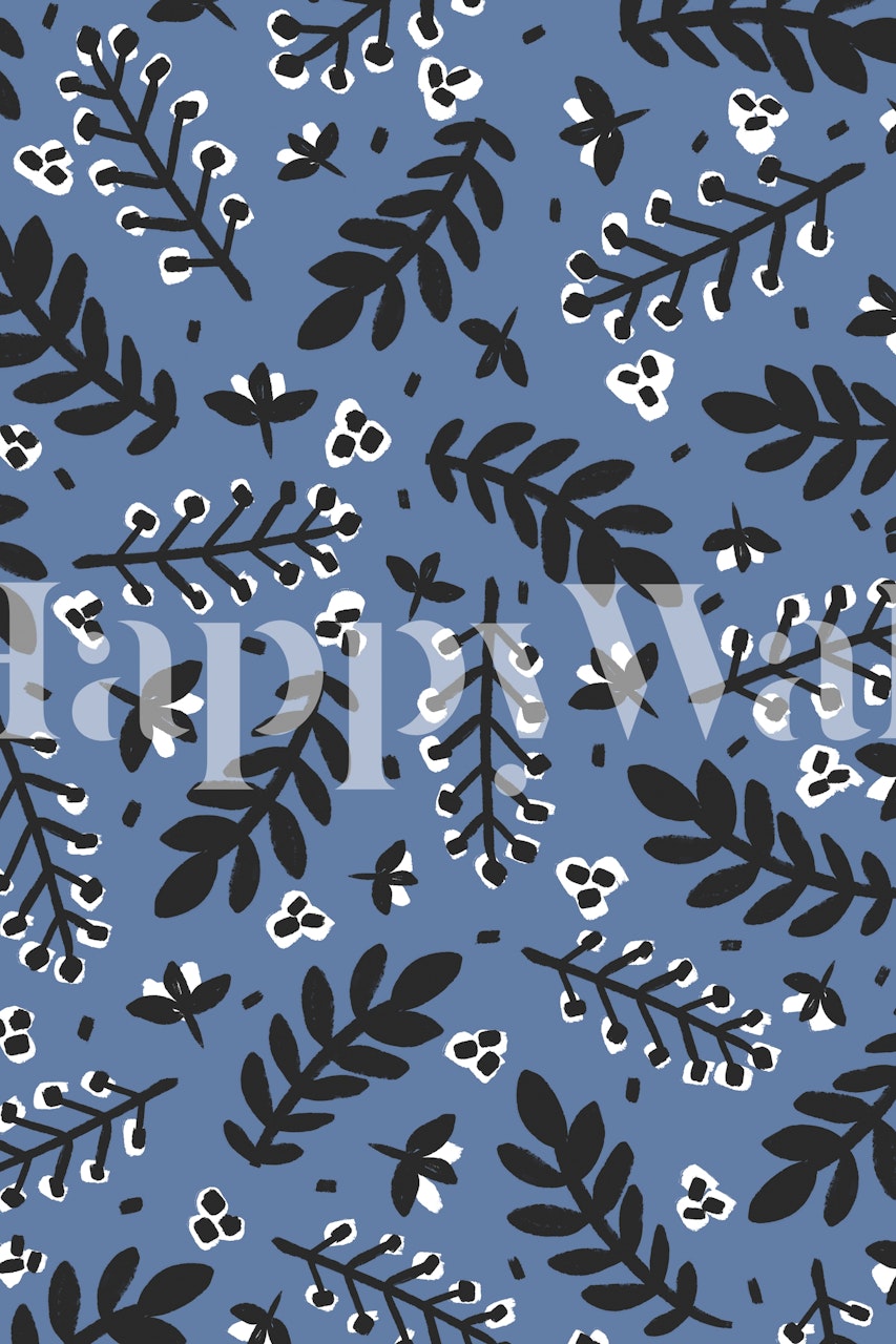 Blue wall mural with black and white branches and berries pattern