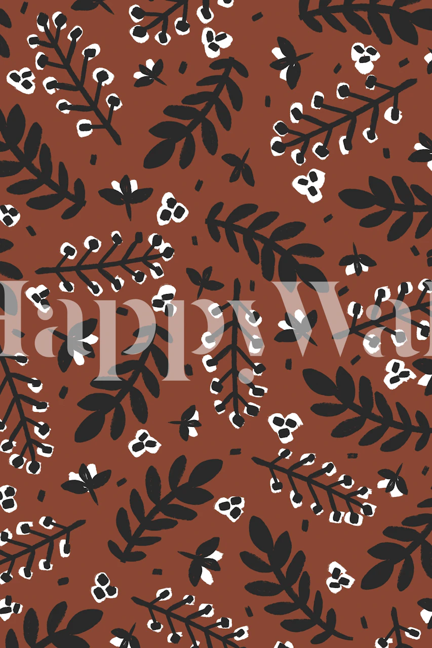 Black leaves and white berries on brown background wallpaper