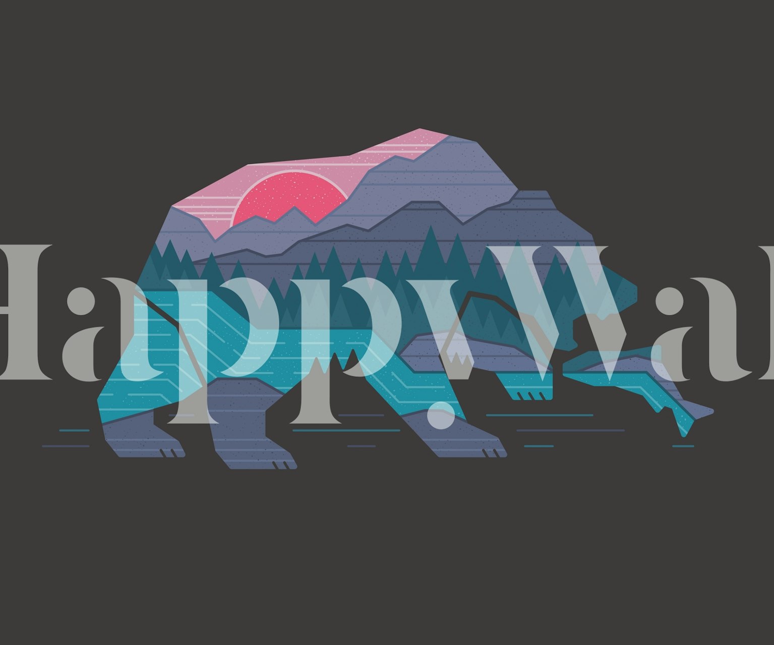 Colorful bear with mountains and rivers in blue, pink, and green wallpaper