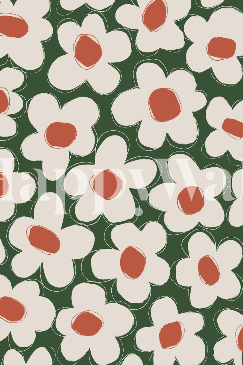 Cute Beige Flower Pattern wall mural with soft green background