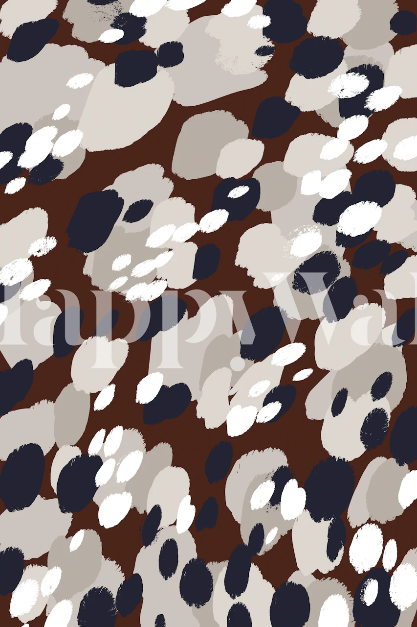 Abstract berry pattern in gray, navy, and white on brown wallpaper