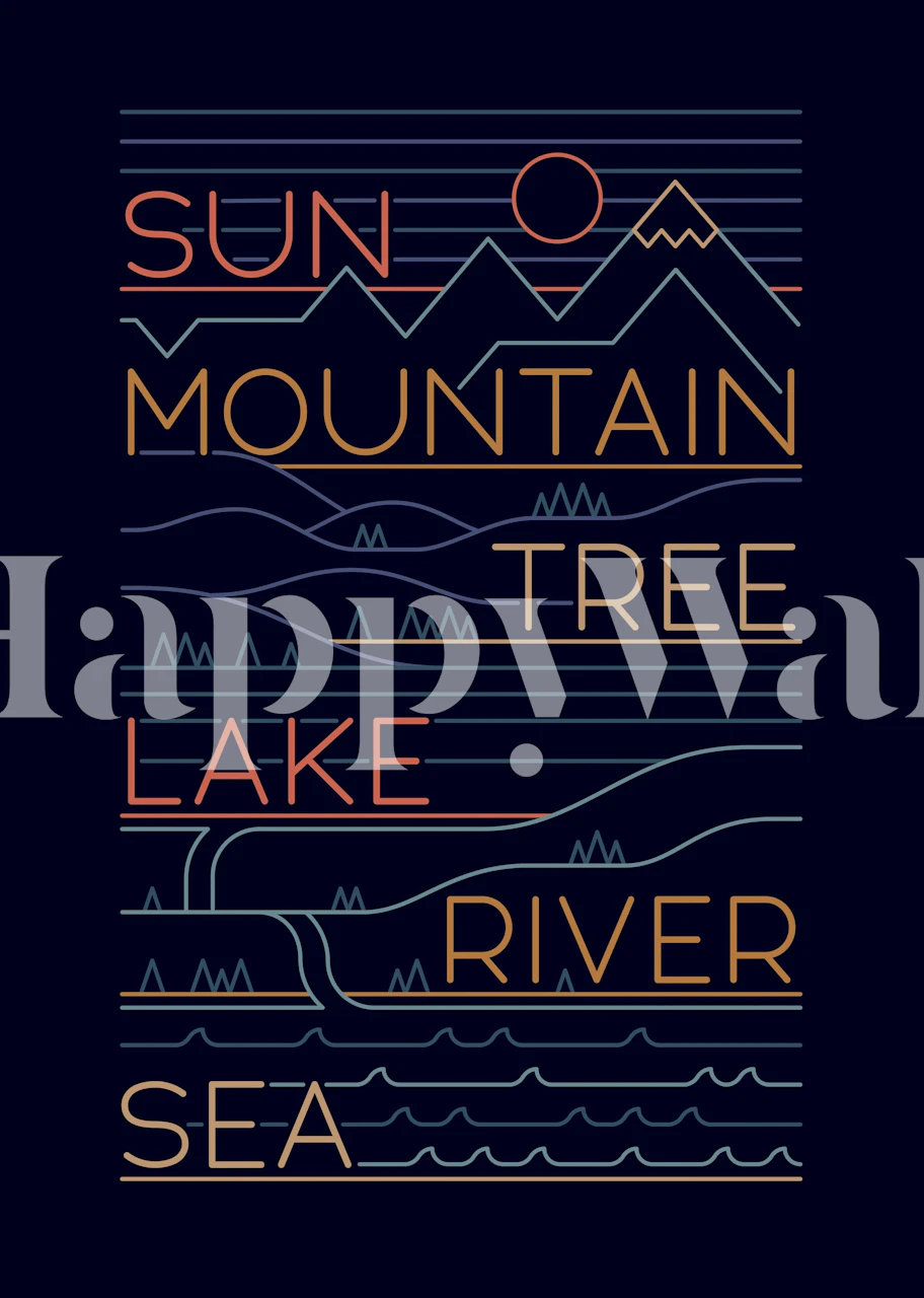 Geometric mountain and water patterns in gold, orange, and navy wallpaper