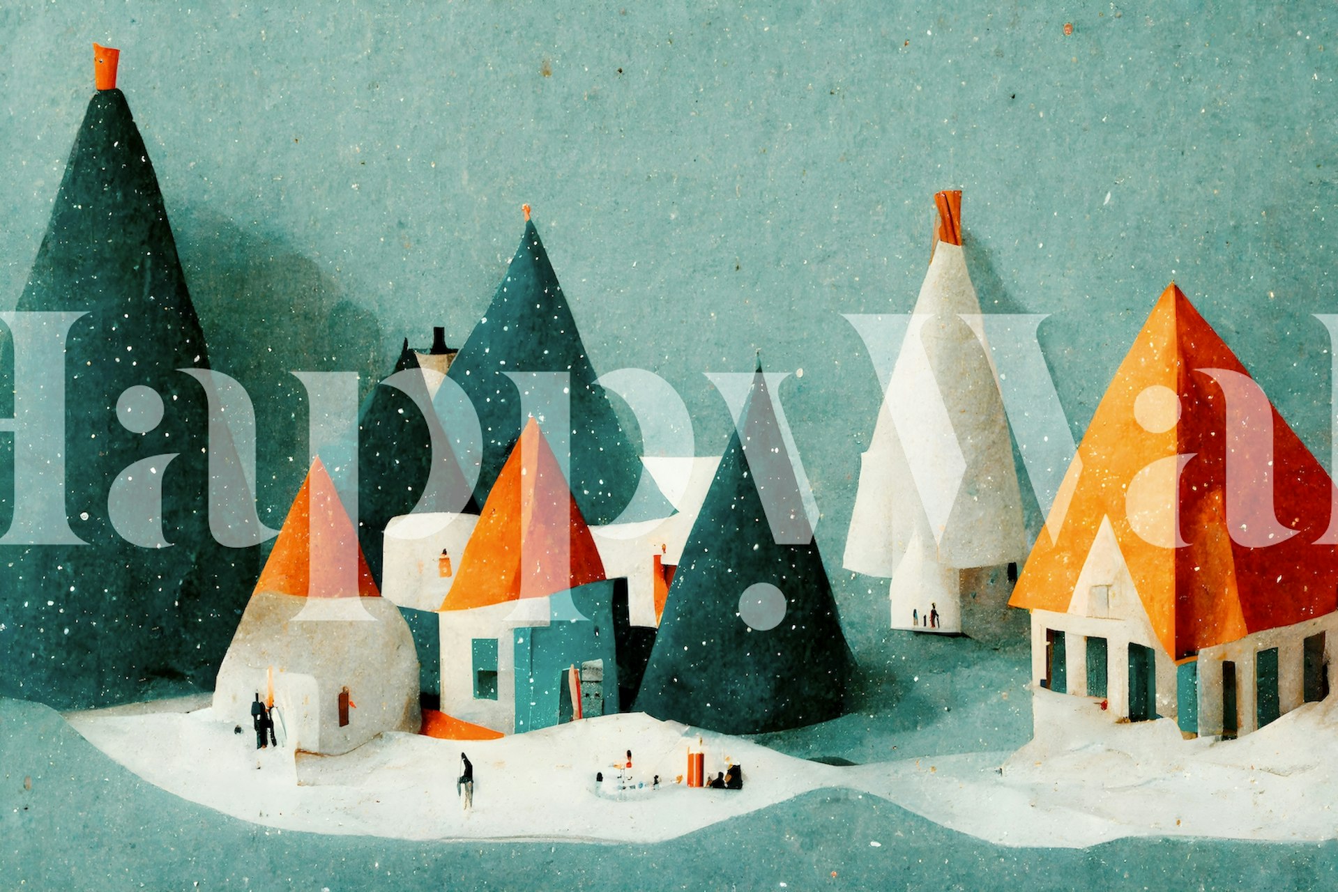 Colorful winter village with snow, trees, and houses wallpaper