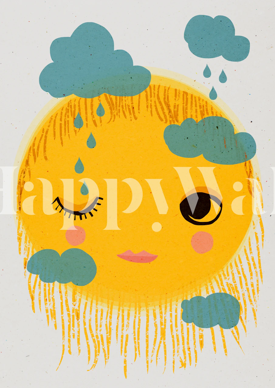 Colorful sun and rain illustration with blue clouds wallpaper