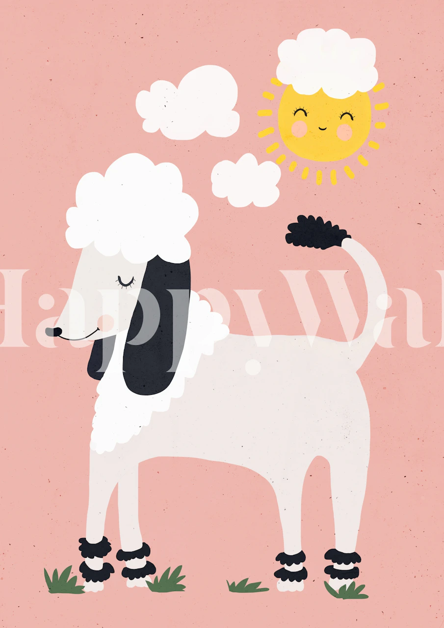 Adorable white poodle with cloud-like fur, pink background wallpaper