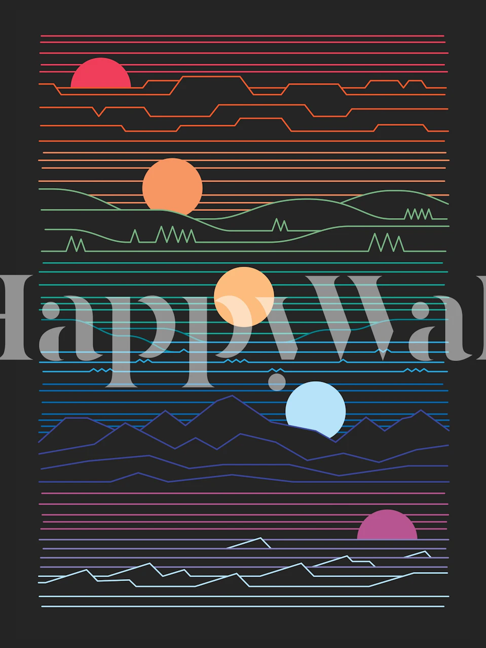 Abstrakt landskap tapet med färgglada berg och solar på en mörk bakgrund