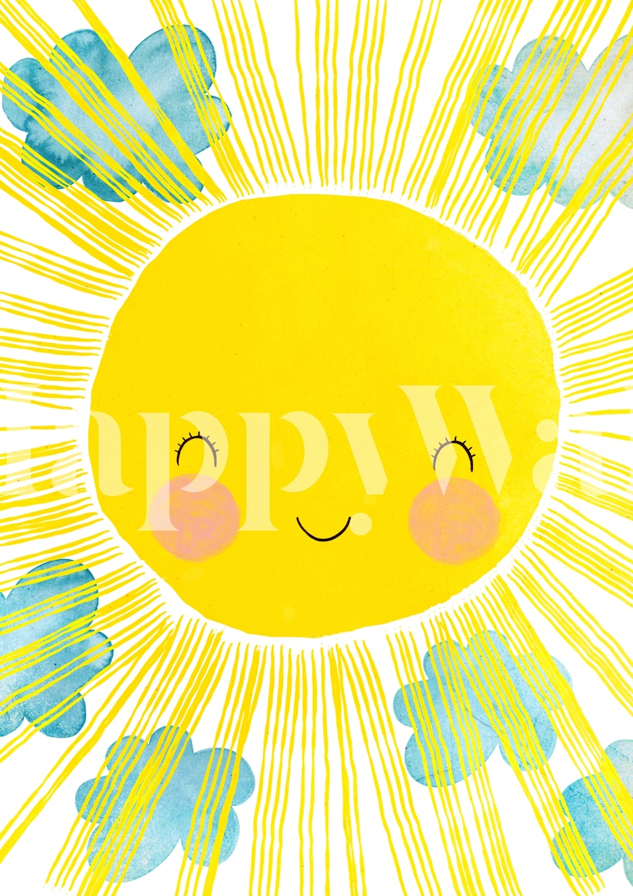 Smiling sun with yellow rays and blue clouds wallpaper