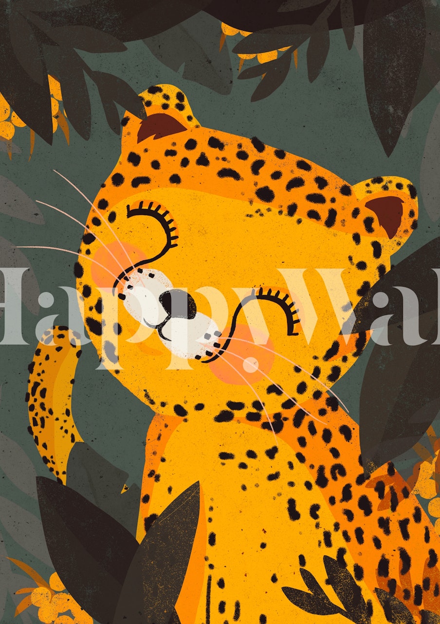 Illustration eines Cartoon-Leoparden namens Little Leo, umgeben von grünen Dschungelblättern