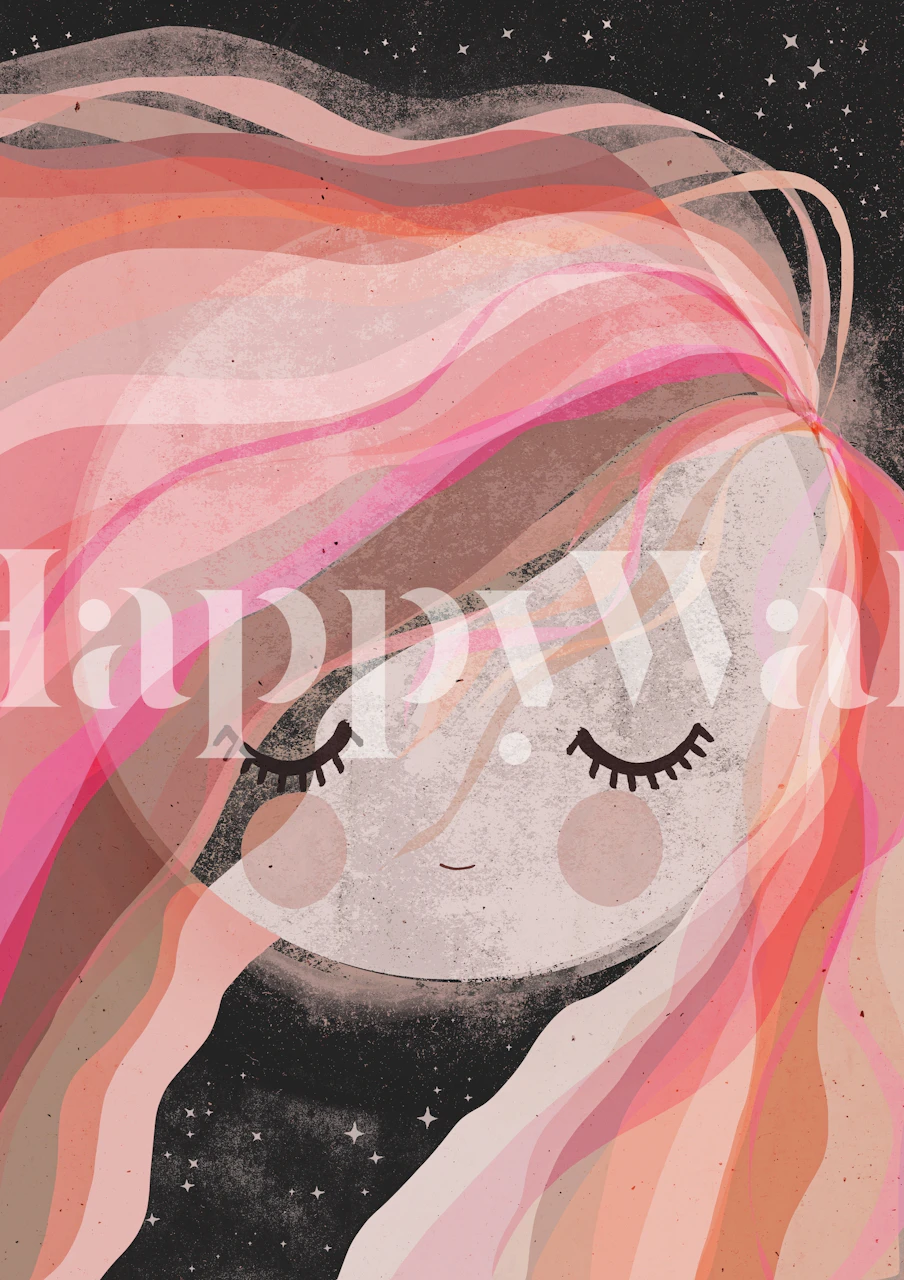 Pink hair and moon girl illustration with stars wallpaper
