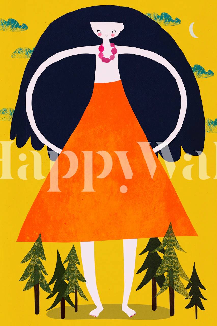 Giant girl with orange skirt and black hair among trees wallpaper