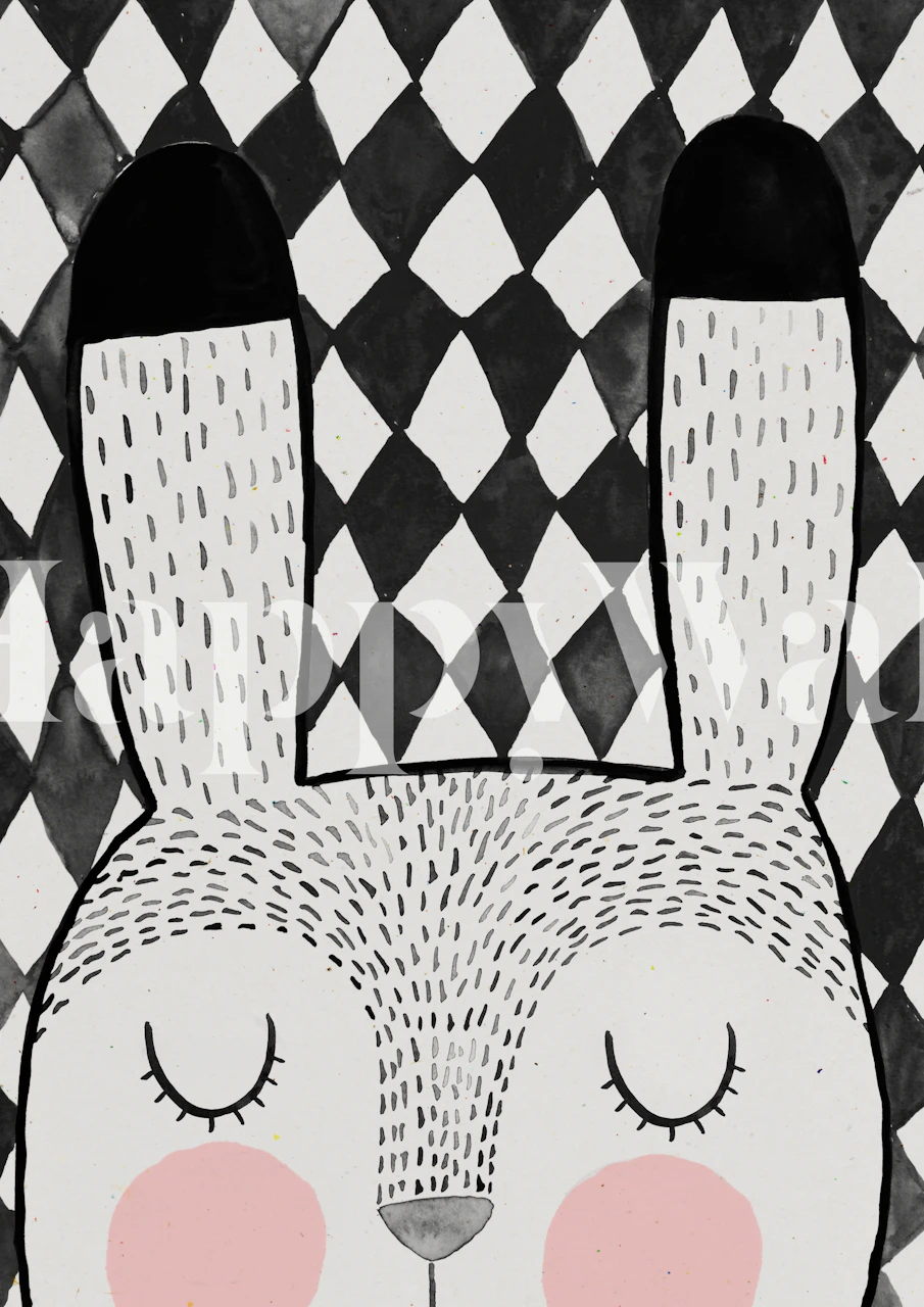 Stylized bunny wall mural with geometric patterns and pastel accents
