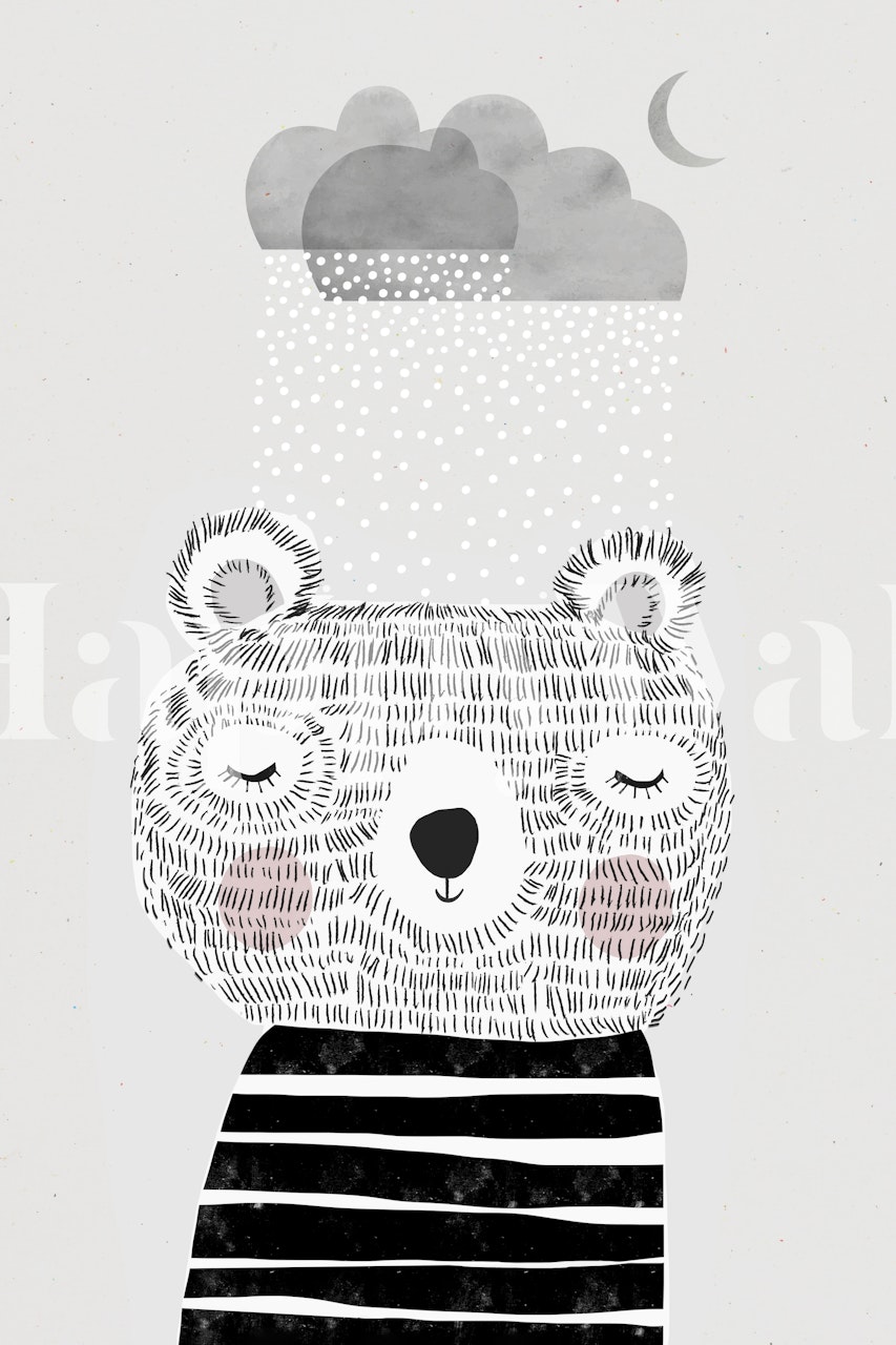 Adorable black and white bear with rain and clouds wallpaper