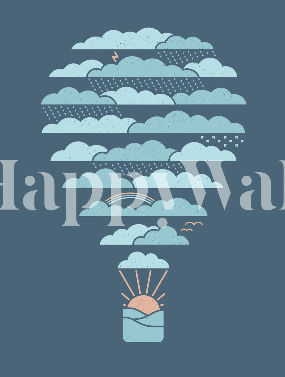 Fotomural globo meteorológico estilizado flotando entre nubes en capas en tonos azules