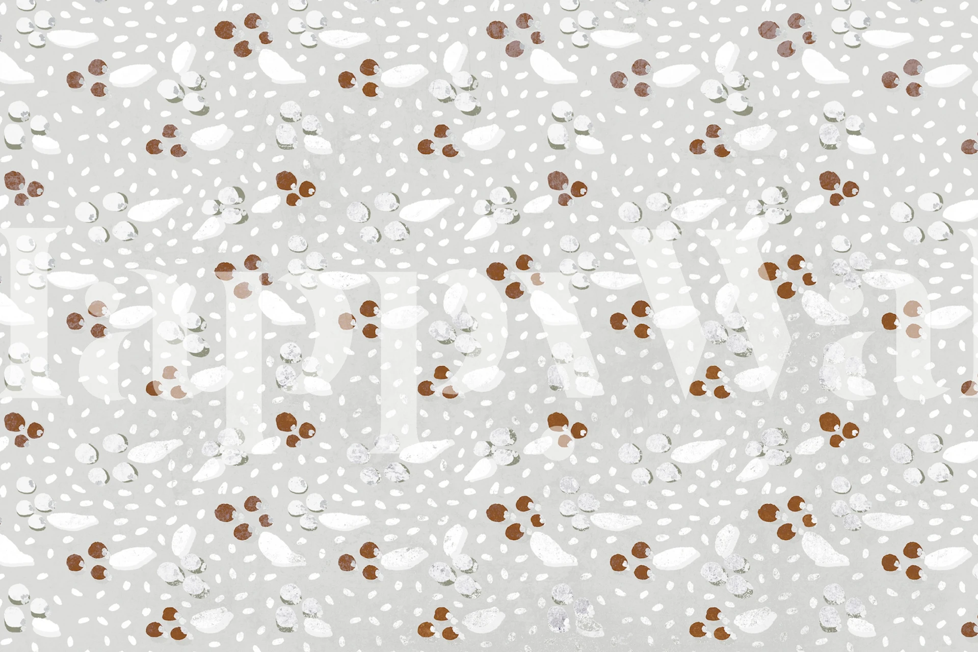 Winter berries and leaves in white and brown on grey wallpaper