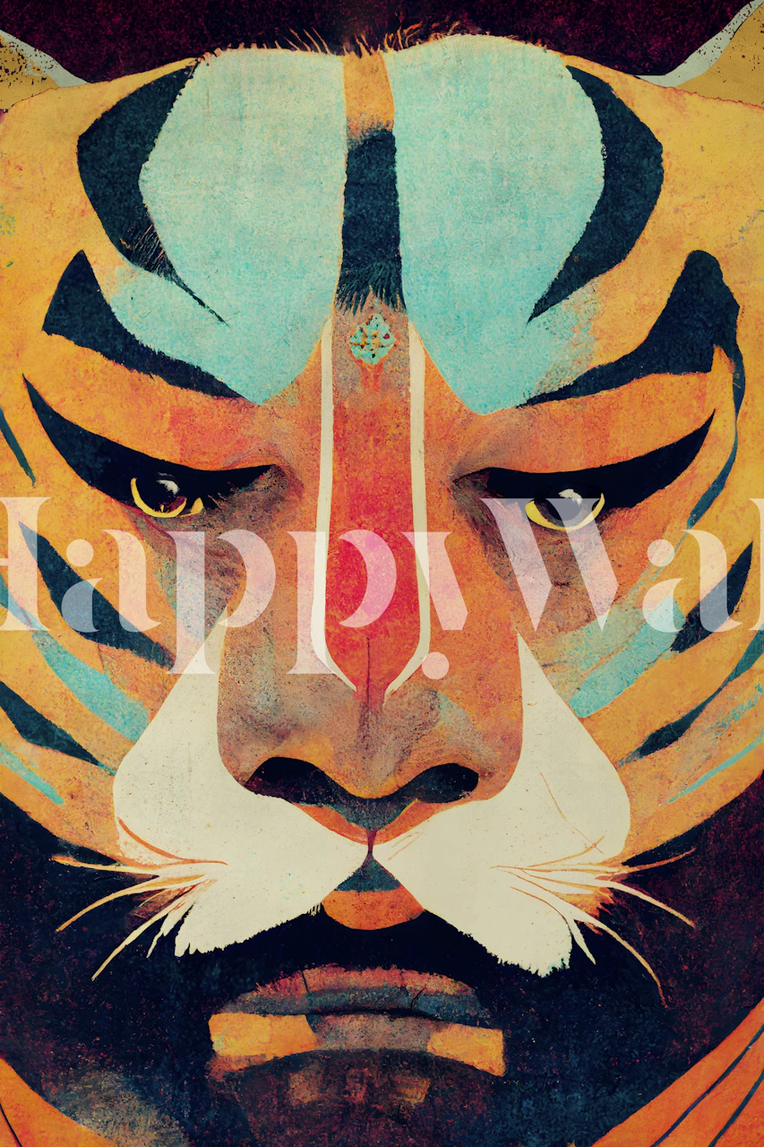 Tiger face with colorful features in blue and orange wallpaper